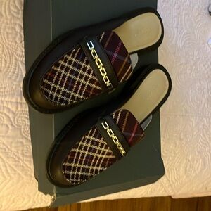 New in box very stylish brow mule loafer with plaid top and gold chain